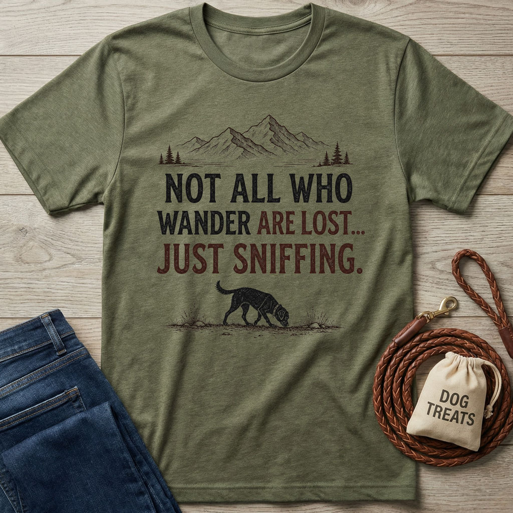 Olive green "Just Sniffing" T-shirt with a mountain, pine trees, and a dog sniffing the ground.