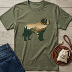 Olive green Gildan Softstyle t-shirt with a Saint Bernard silhouette filled with a mountain and forest landscape.