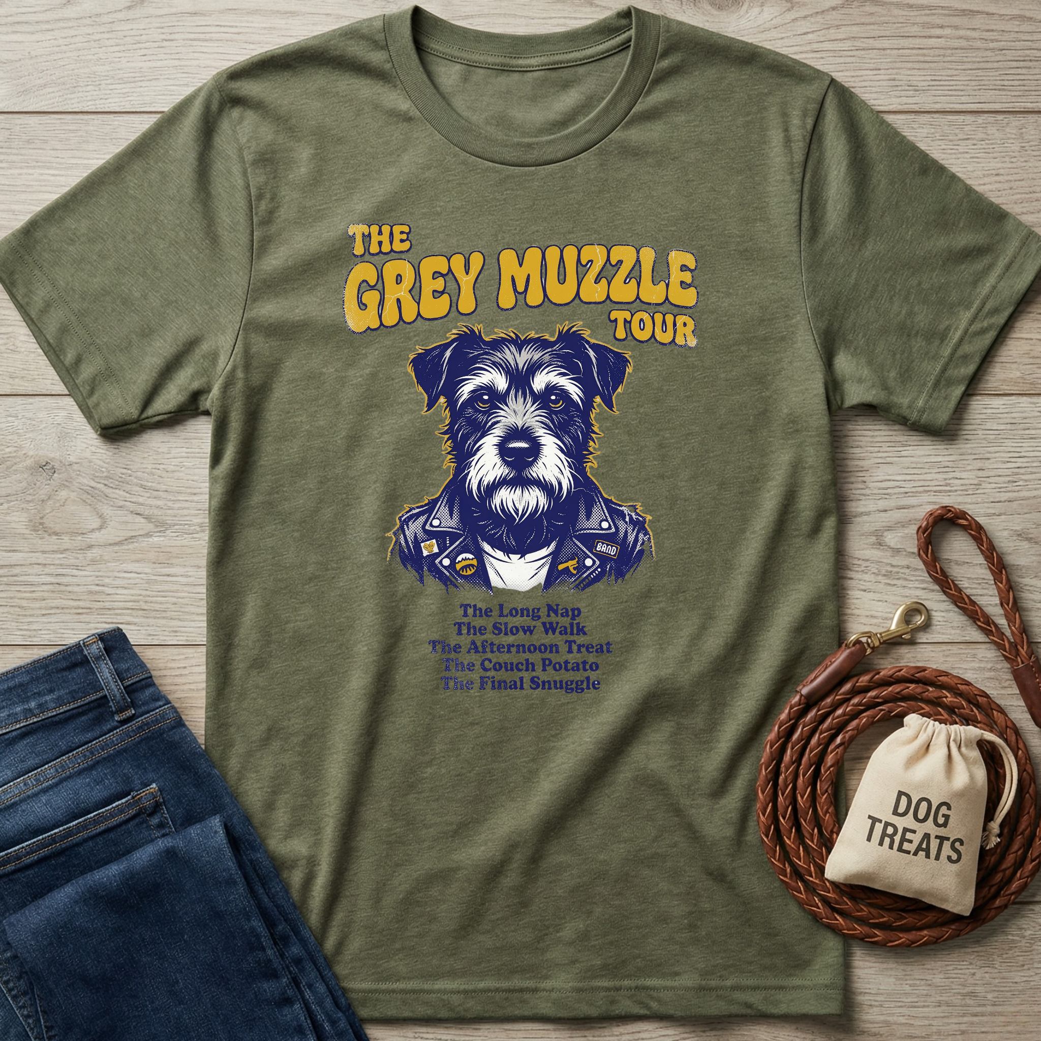 Olive green "The Grey Muzzle Tour" t-shirt with a dog in a leather jacket design.