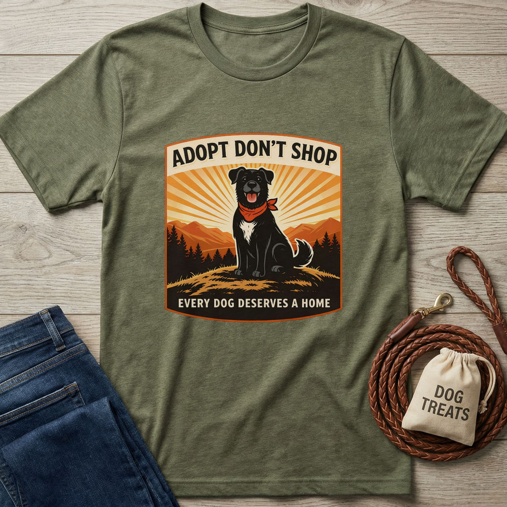 Olive green "Adopt Don't Shop" t-shirt with a black lab graphic, jeans, and dog treats.