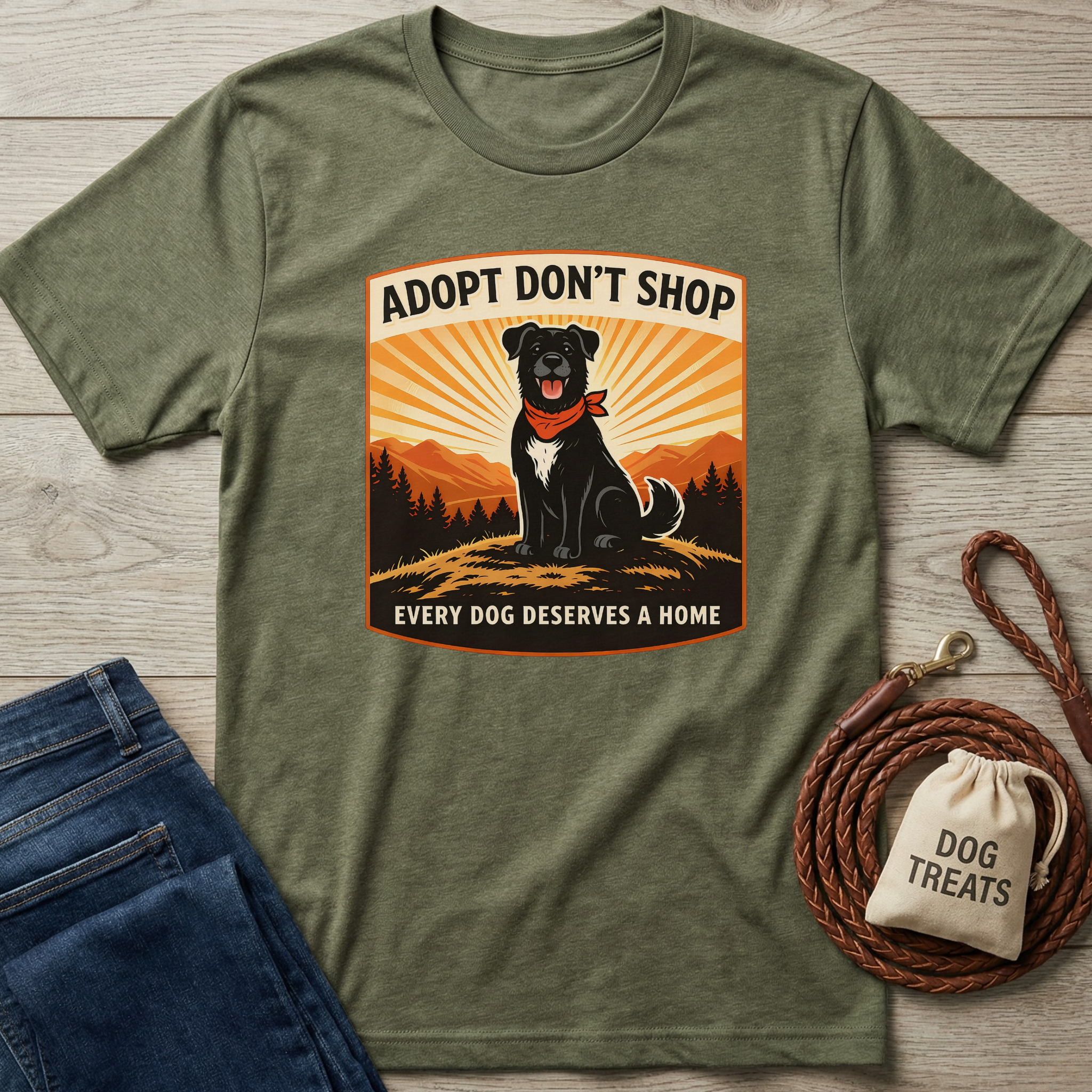 Olive green t-shirt with "Adopt Don't Shop" graphic featuring a black dog wearing a red bandana.