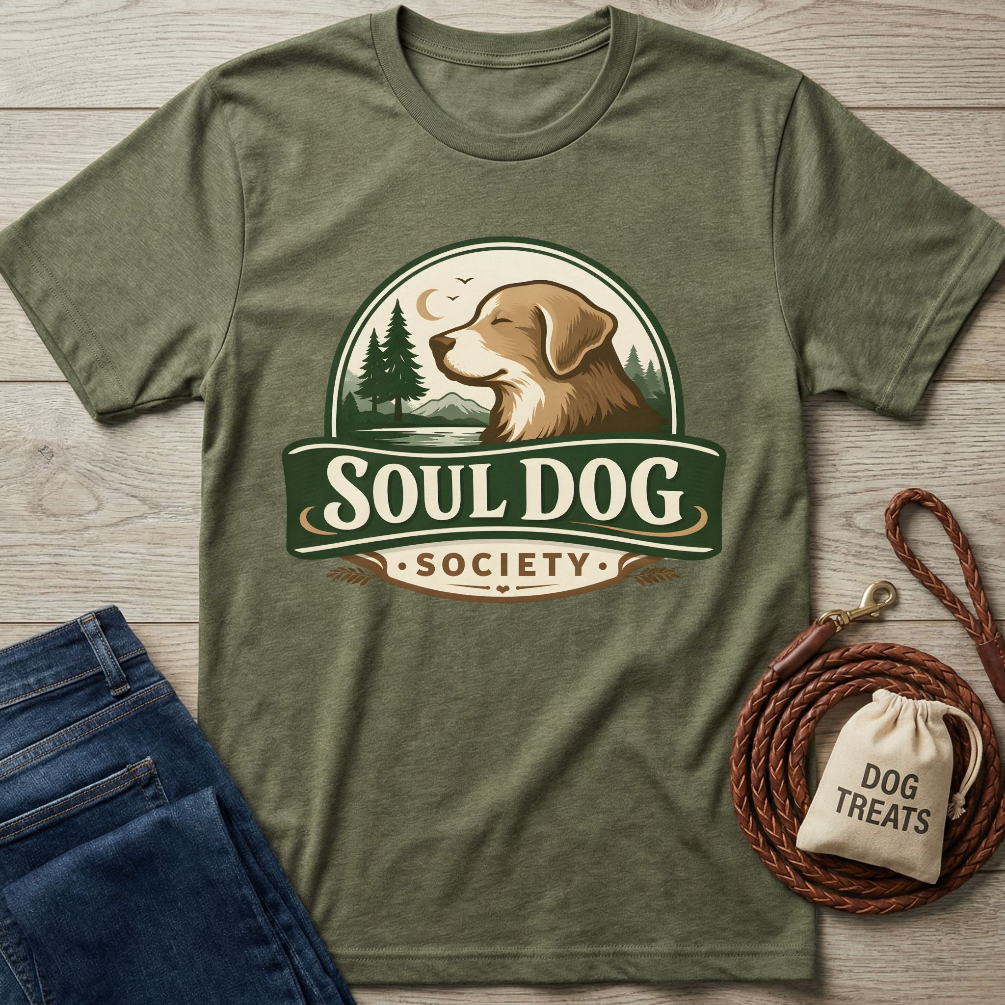 Olive green Soul Dog Society logo t-shirt with a golden retriever design, next to jeans and a dog leash.