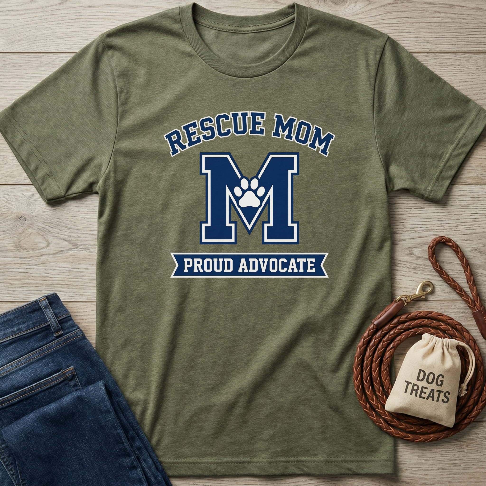 Olive green "Rescue Mom Proud Advocate" t-shirt with a blue "M" and paw print design.