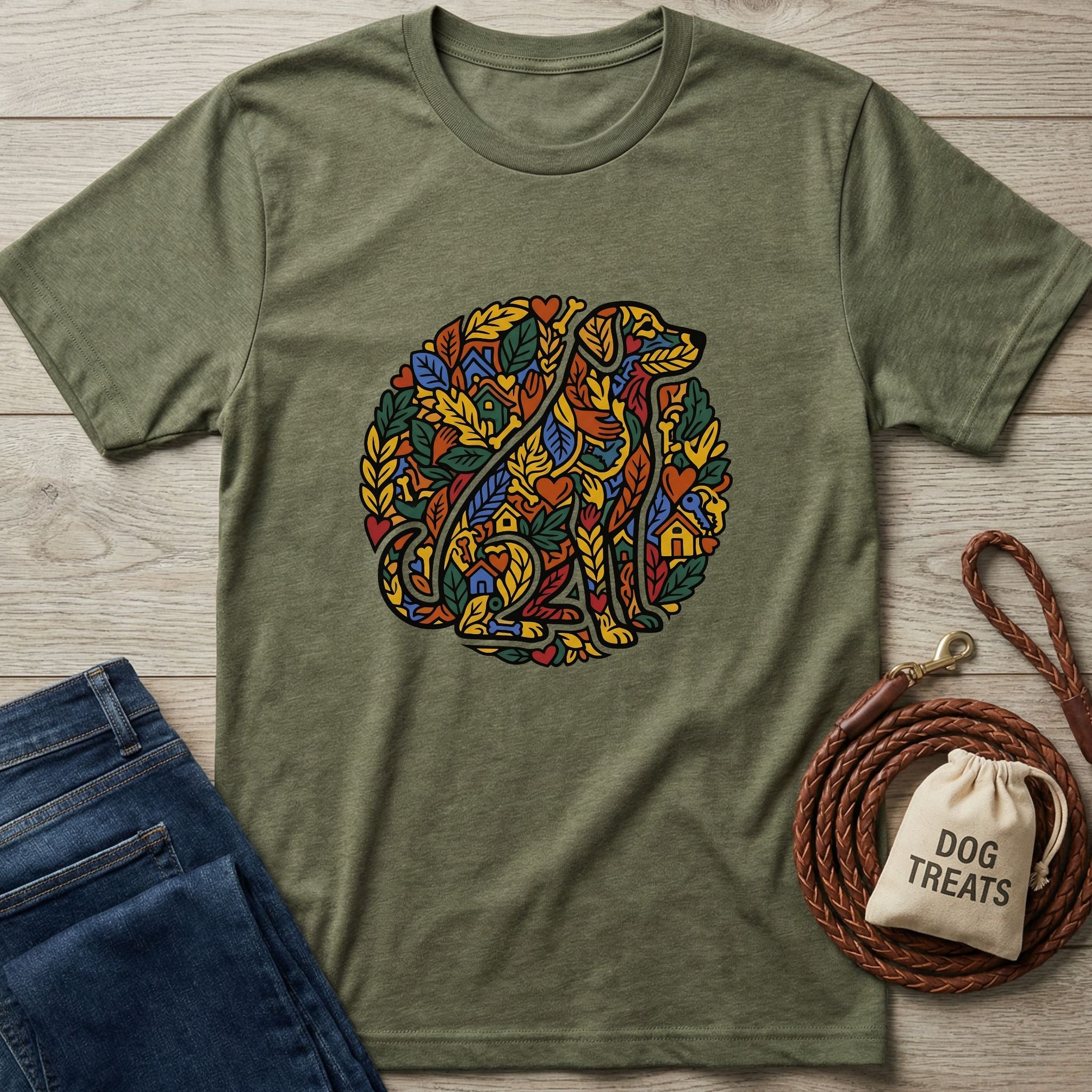 Green t-shirt with colorful leaf design, blue jeans, brown rope, and 'Dog Treats' bag on a wooden surface.
