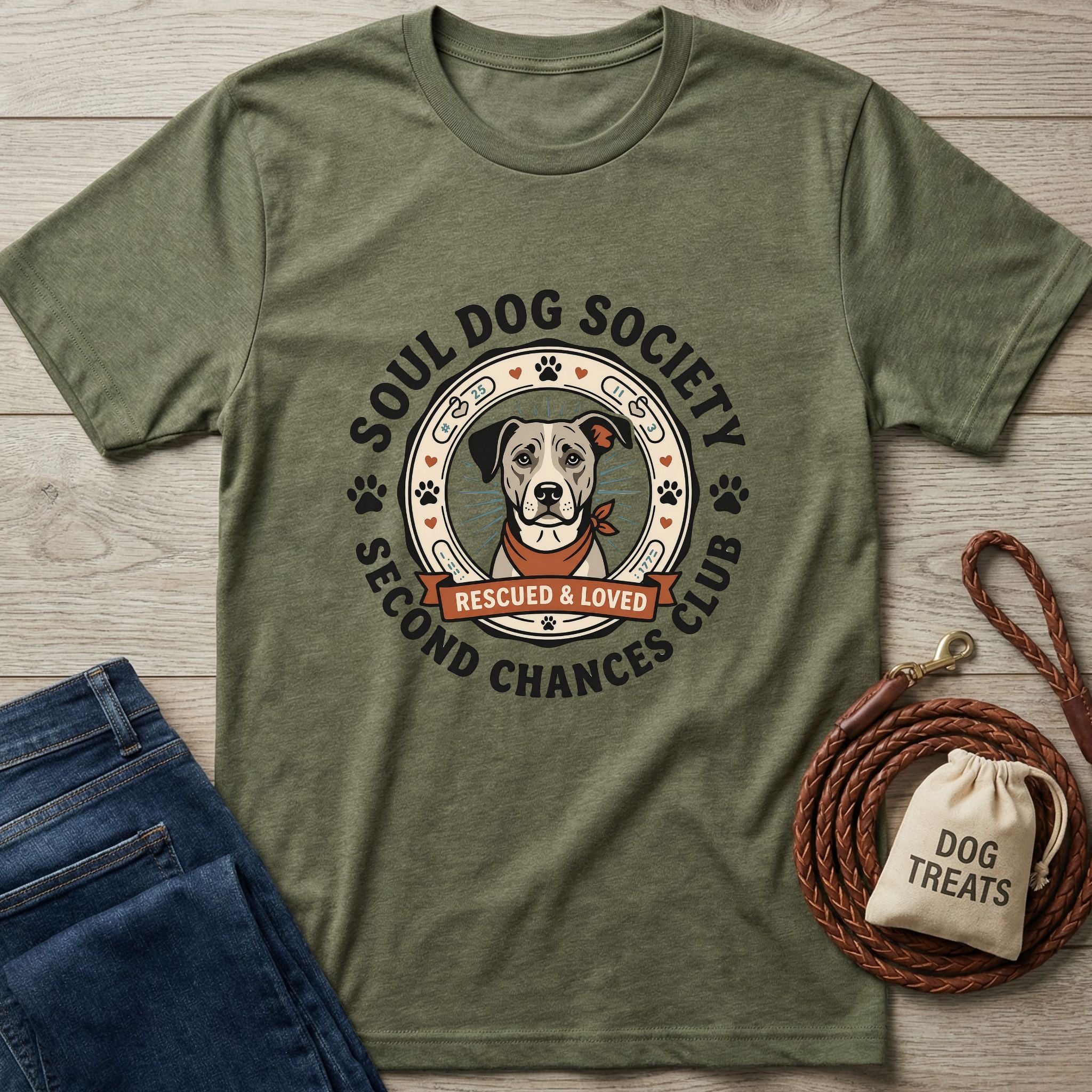 Olive green "Second Chance Club" t-shirt with a dog graphic, next to jeans, a leash, and dog treats.
