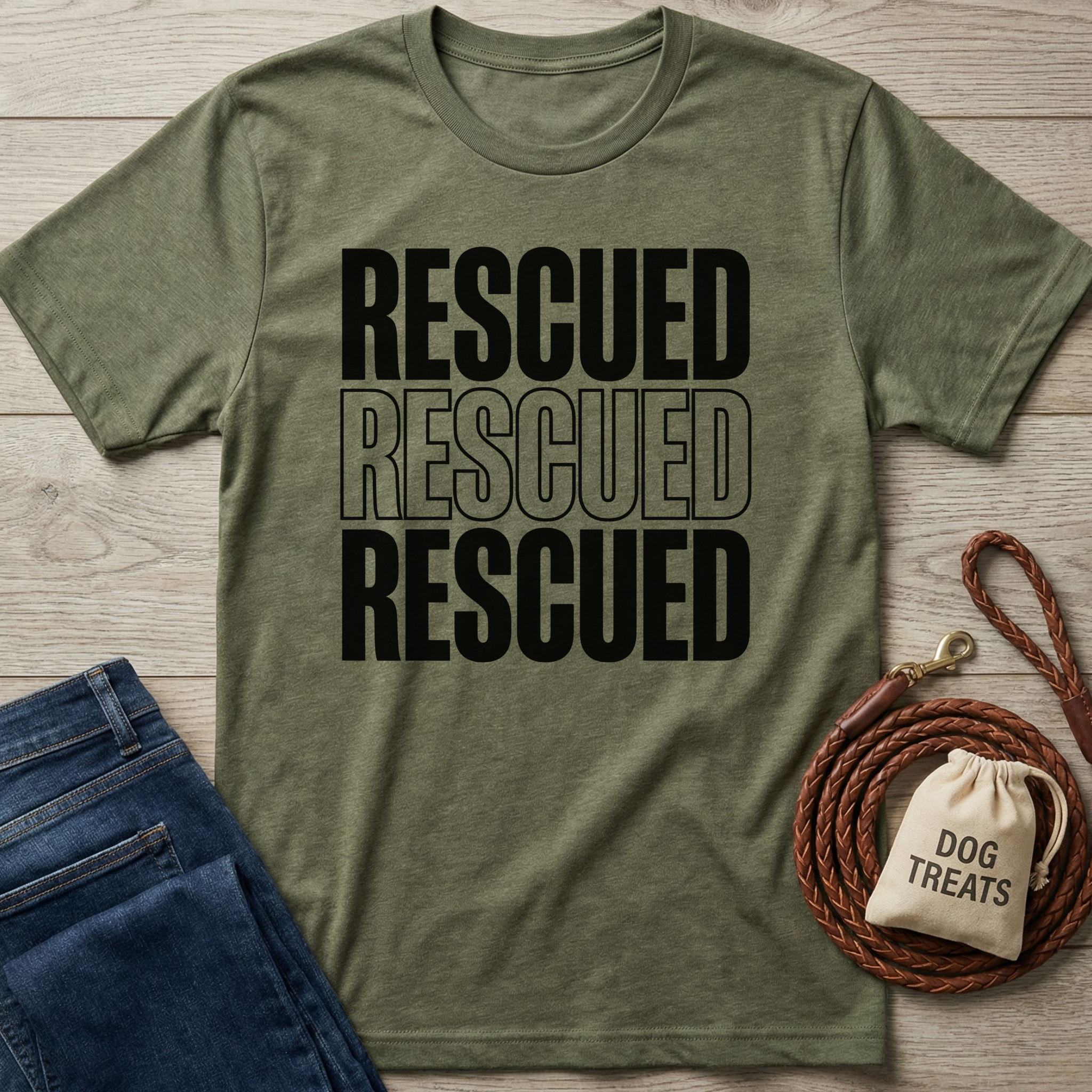 Olive green "Rescued" t-shirt with black text, next to blue jeans, a braided leash, and a "Dog Treats" bag.
