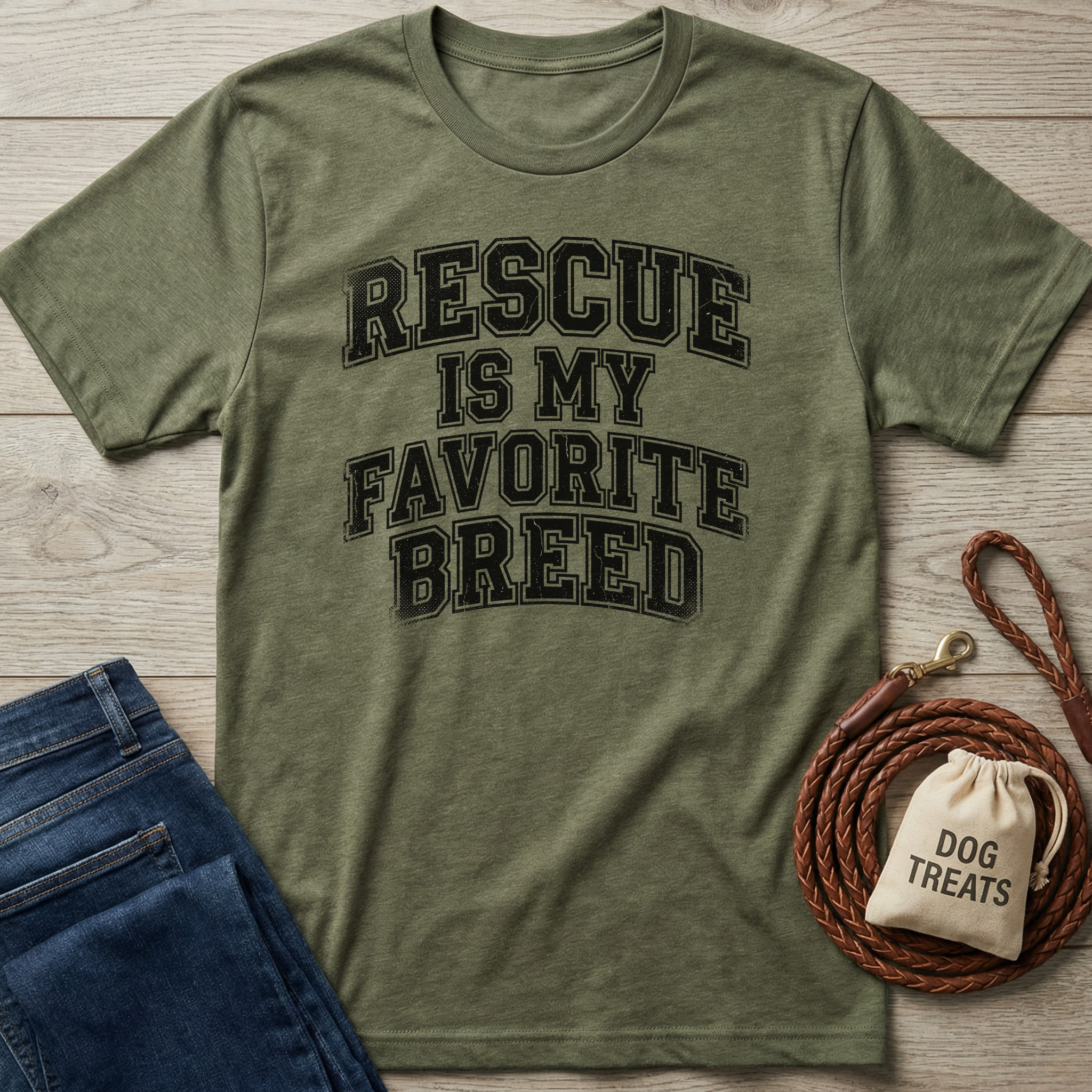 Olive green t-shirt with "Rescue Is My Favorite Breed" text, folded jeans, and a coiled leather leash with dog treats.