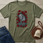 Olive green "Remember The Brave" t-shirt with a grey dog surrounded by red poppies.