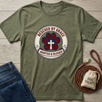 Olive green "Rescued By Grace" Gildan Softstyle t-shirt with a paw print and cross design.