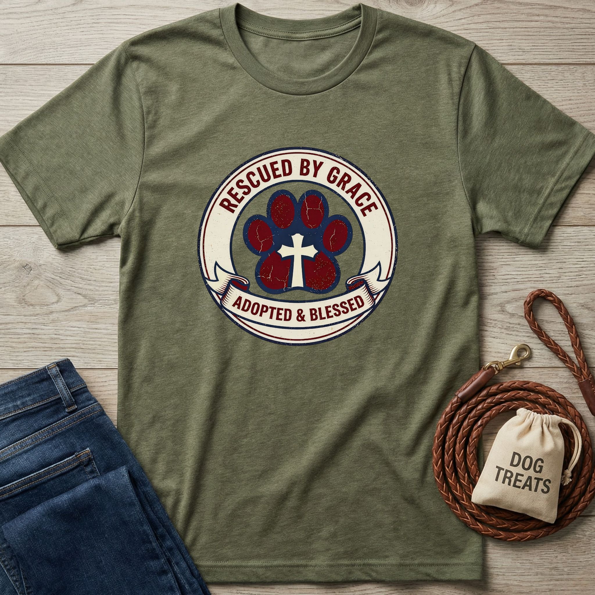 Olive green "Rescued By Grace" Gildan Softstyle t-shirt with a paw print and cross design.