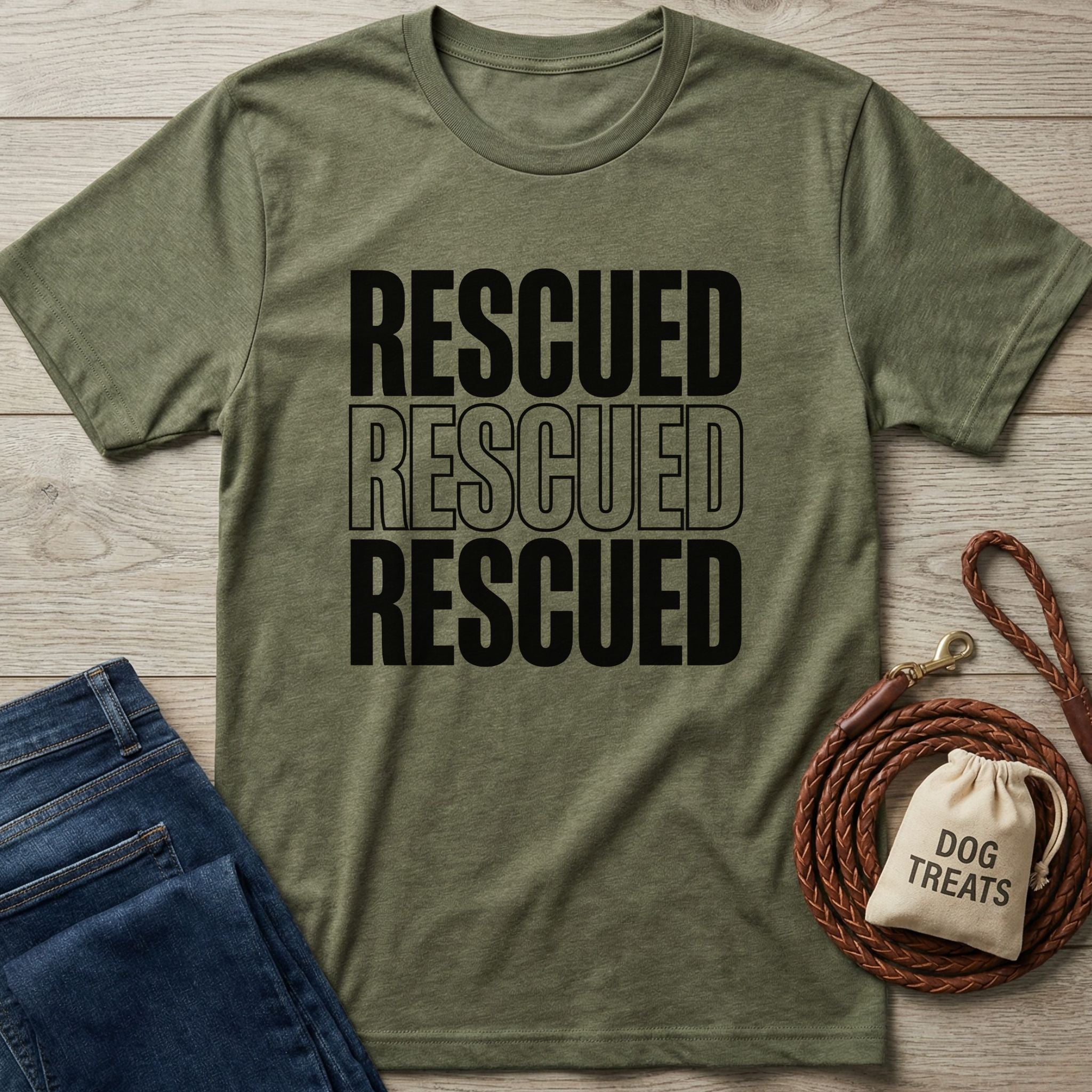 Olive green "Rescued" t-shirt, jeans, braided leather leash, and dog treats bag on wood.