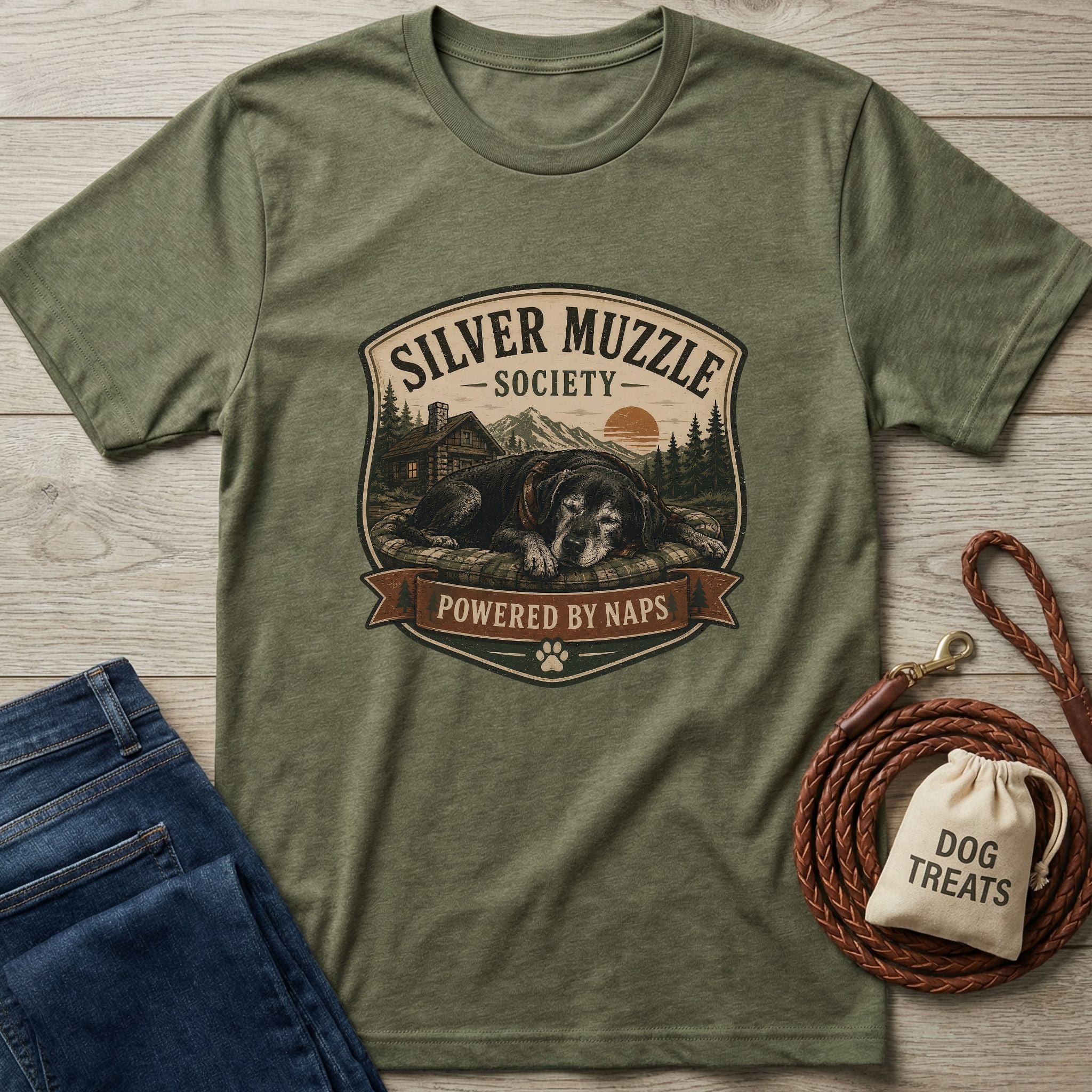 Olive green "Silver Muzzle Society" t-shirt with a sleeping senior dog graphic, "Powered by Naps" banner.