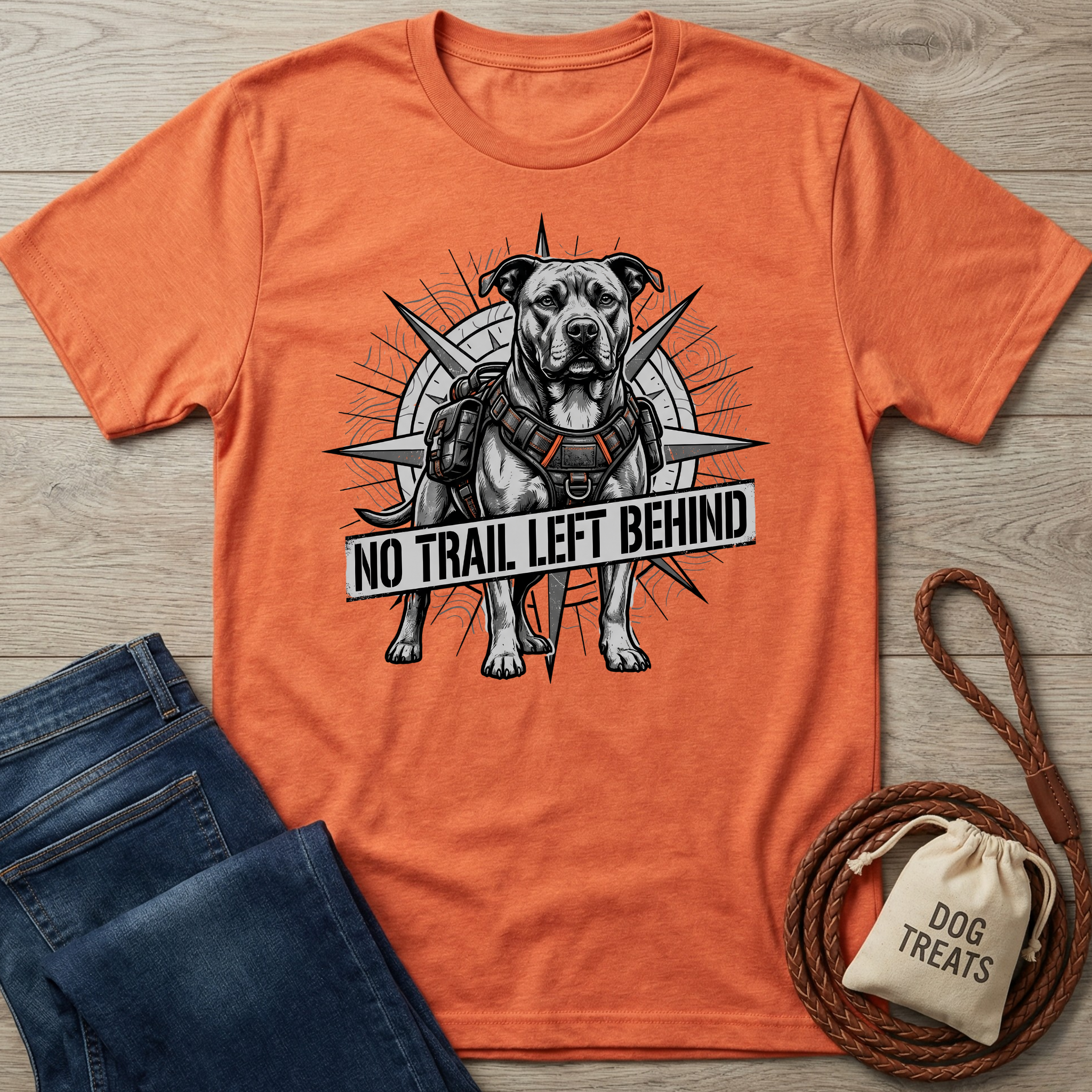 Orange heather t-shirt with a graphic of a pit bull wearing a harness, compass design, and "No Trail Left Behind" text.