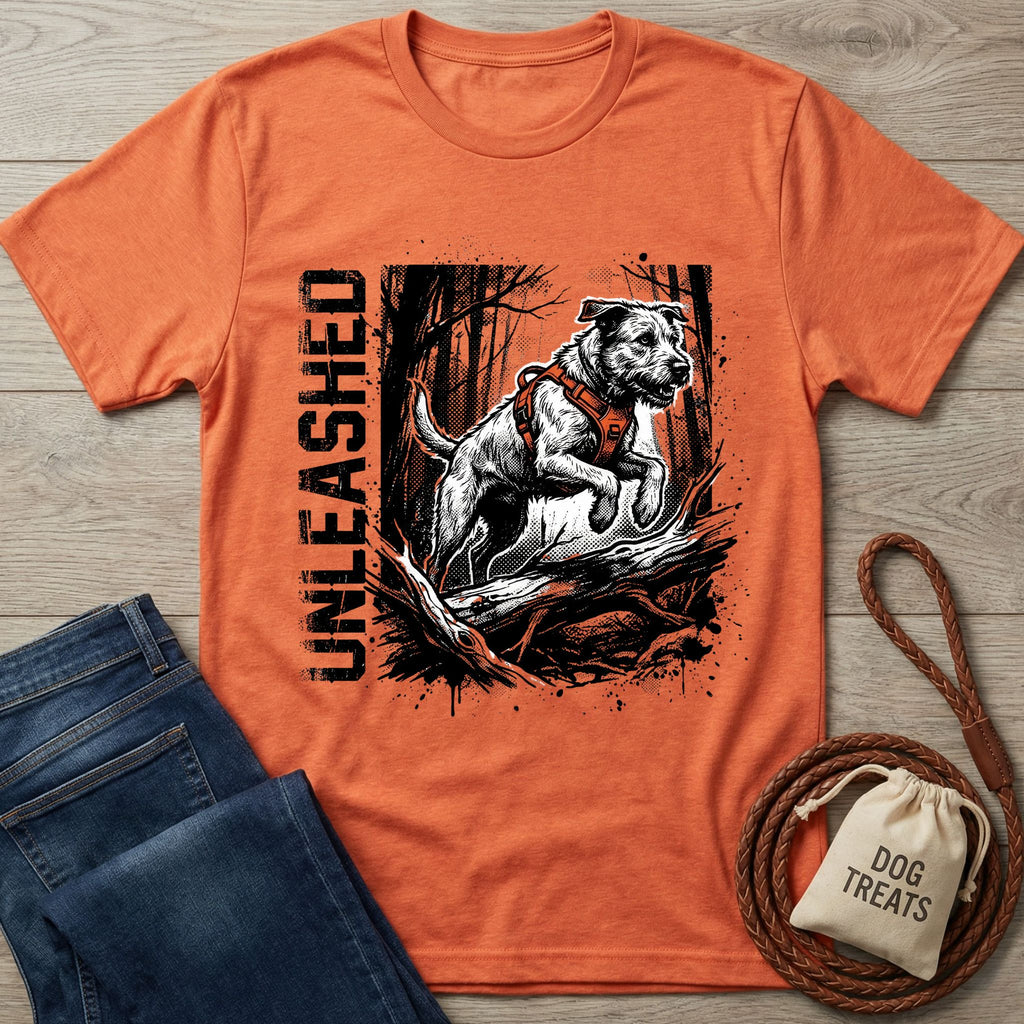 Orange "Unleashed" T-shirt with a jumping dog graphic, paired with jeans and dog accessories.