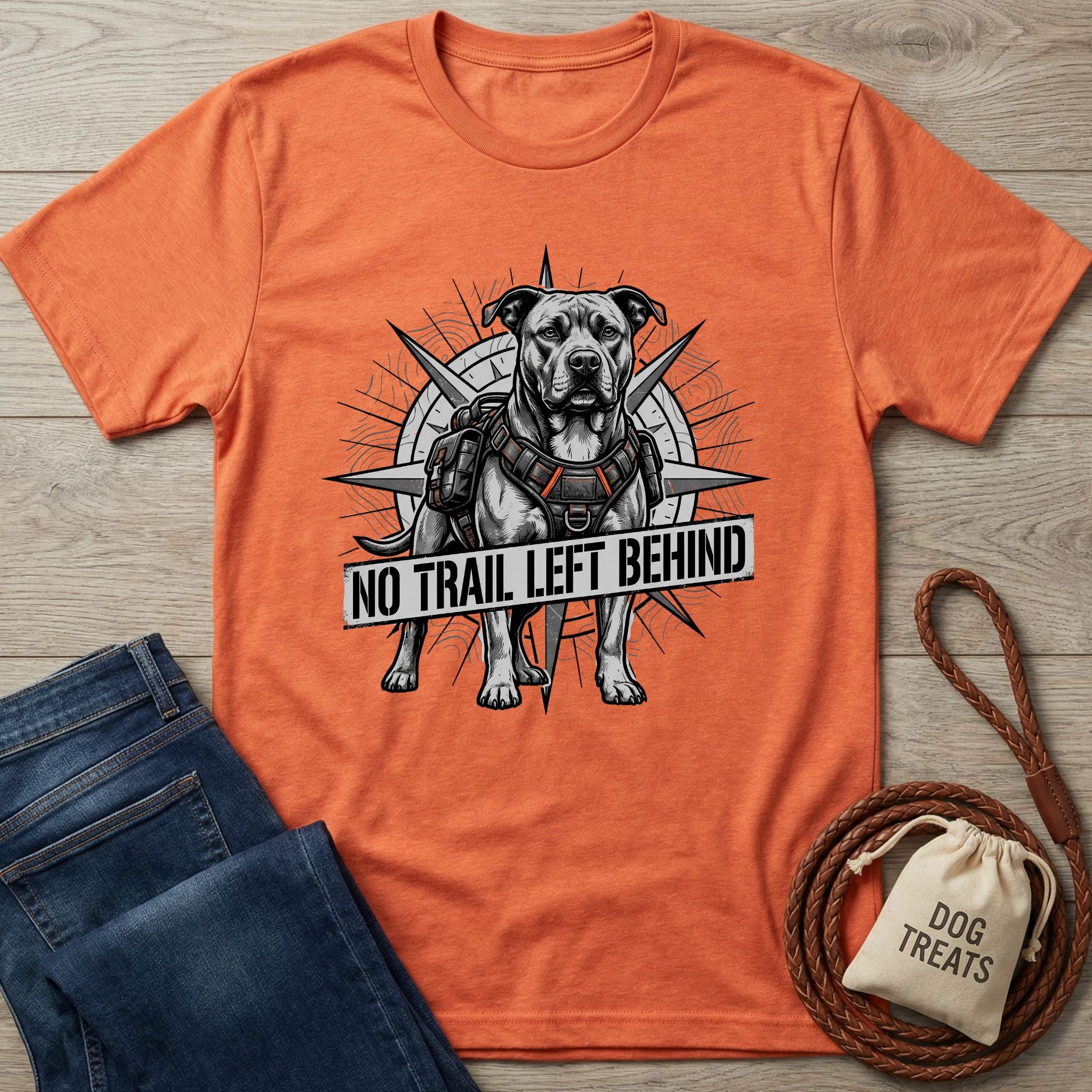 Orange Gildan Softstyle® 64000 t-shirt with a graphic of a pit bull wearing a harness and "NO TRAIL LEFT BEHIND" text.