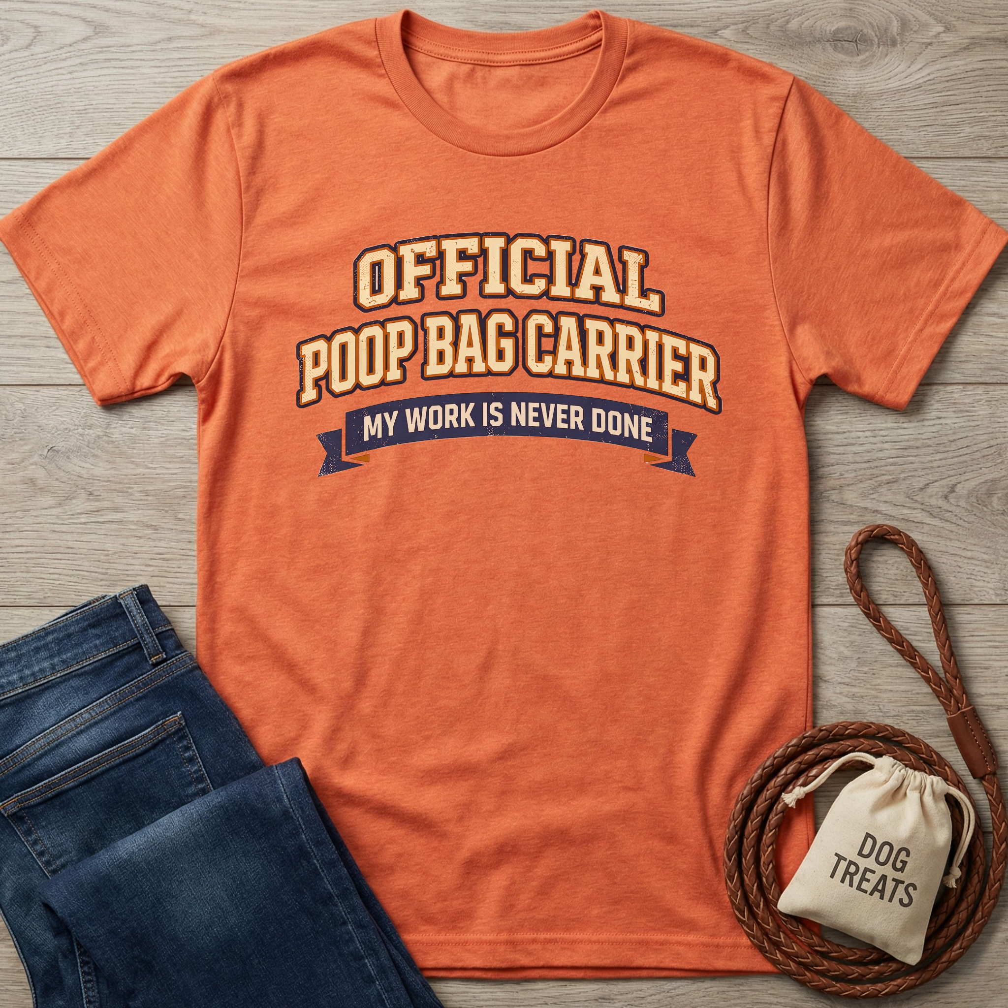 Orange heather t-shirt with "Official Poop Bag Carrier My Work Is Never Done" text, next to jeans, leash, and treat bag.