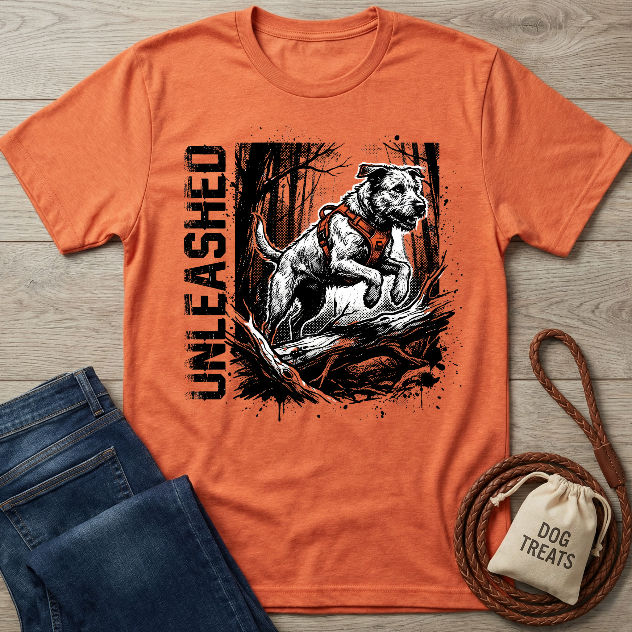 Orange "Unleashed" T-shirt with a jumping dog graphic, paired with jeans and dog treats.