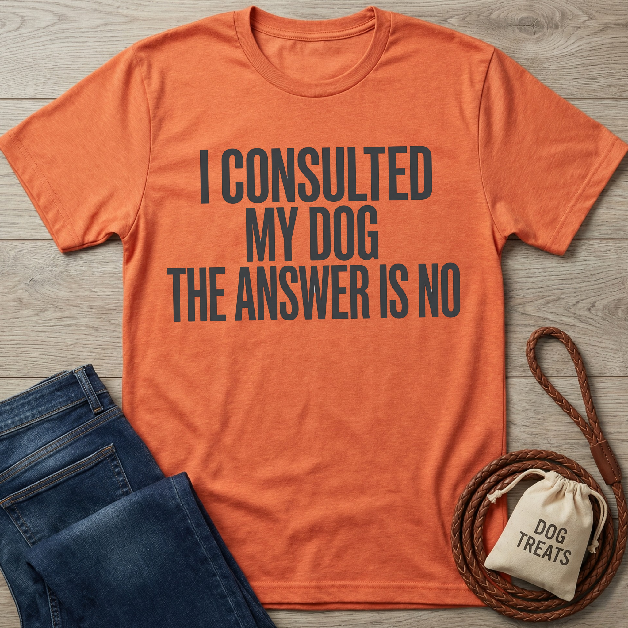 Orange "I Consulted My Dog The Answer Is No" t-shirt, blue jeans, dog leash, and treat bag on wood.