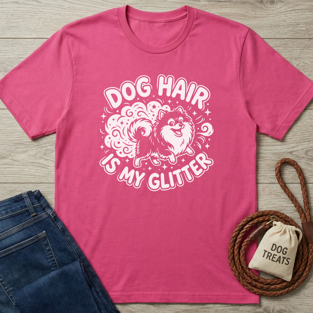 Pink cotton t-shirt with "Dog Hair Is My Glitter" text and a fluffy Pomeranian graphic.