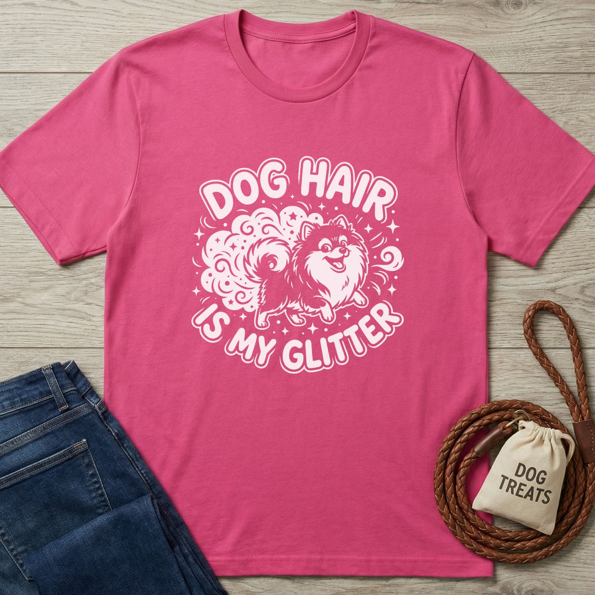 Pink Gildan Softstyle t-shirt with "Dog Hair Is My Glitter" graphic featuring a fluffy dog.