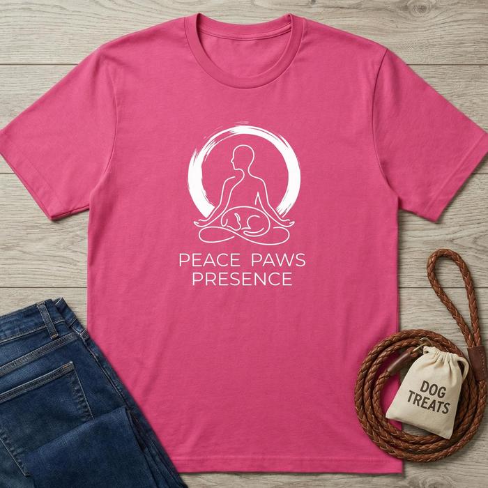 Pink cotton t-shirt with "Peace Paws Presence" text and a white graphic of a person meditating with a dog.