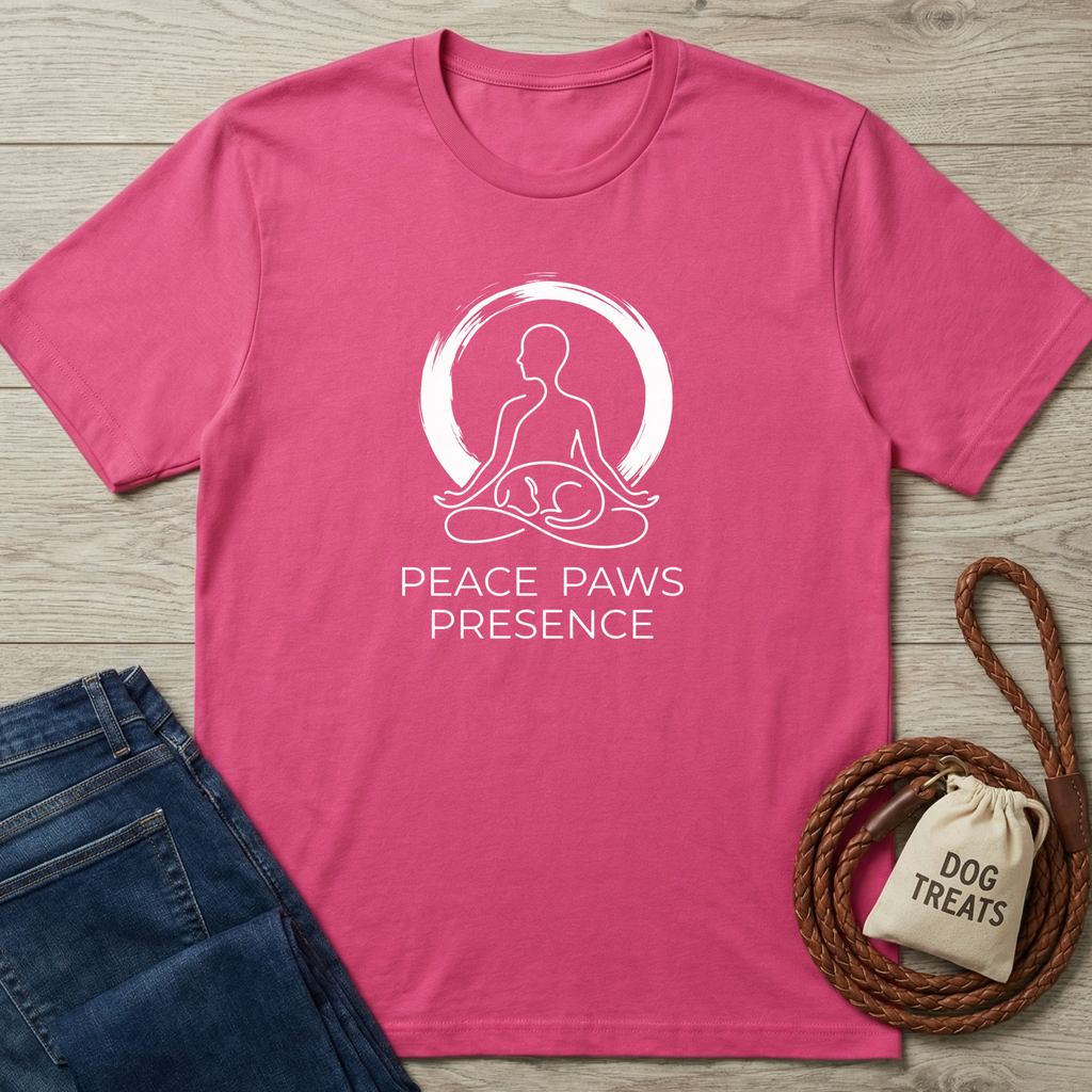 Pink cotton t-shirt with "Peace Paws Presence" text and a white graphic of a person meditating with a dog.