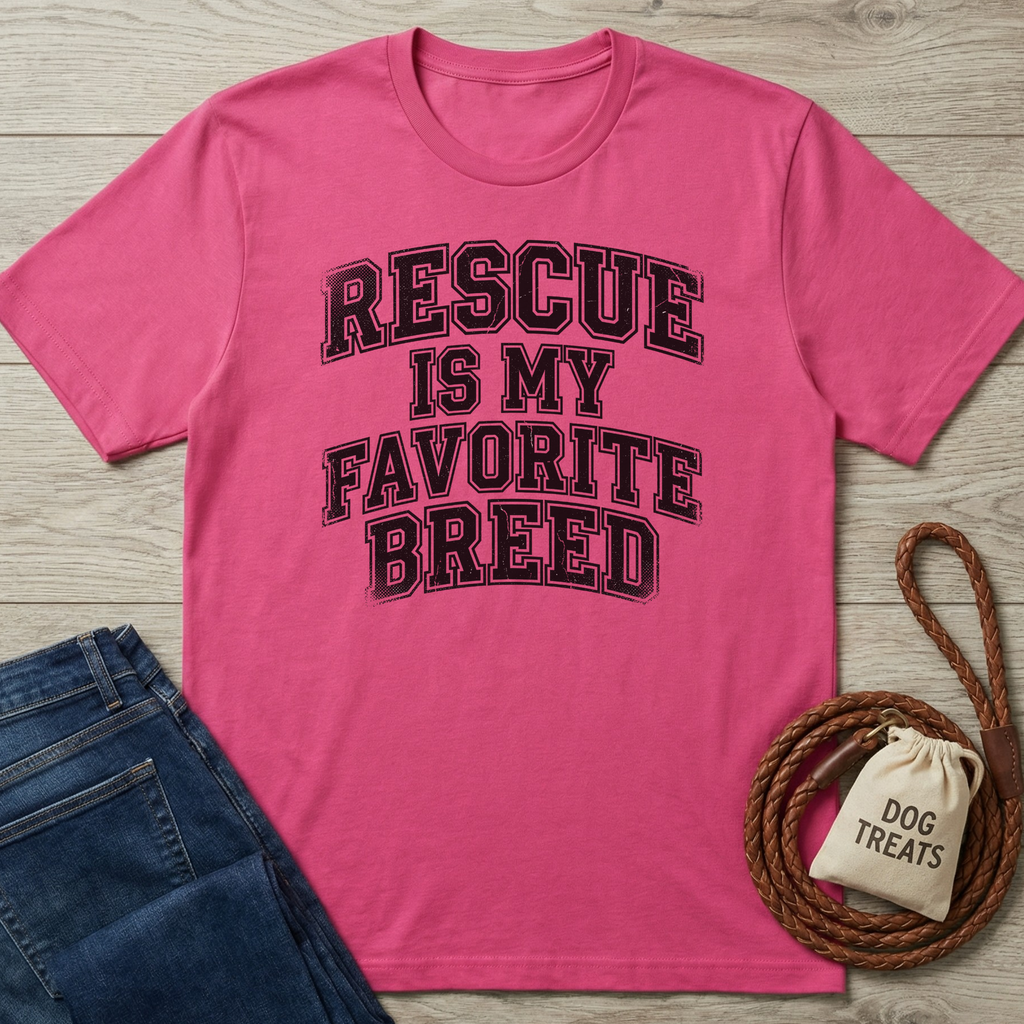 Pink cotton t-shirt with "Rescue Is My Favorite Breed" in distressed black text, next to jeans and dog treats.