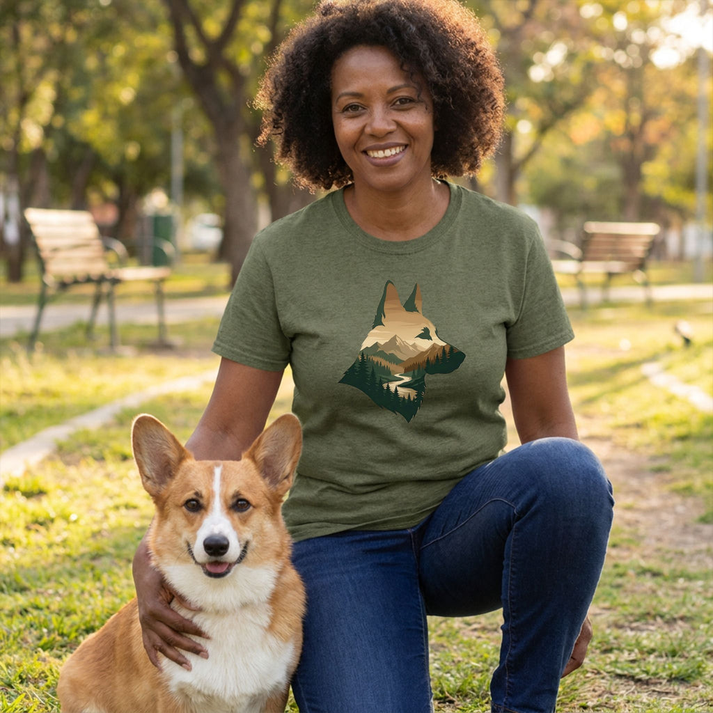 Woman in an olive green Mountain Silhouette T-Shirt with a corgi in a park.