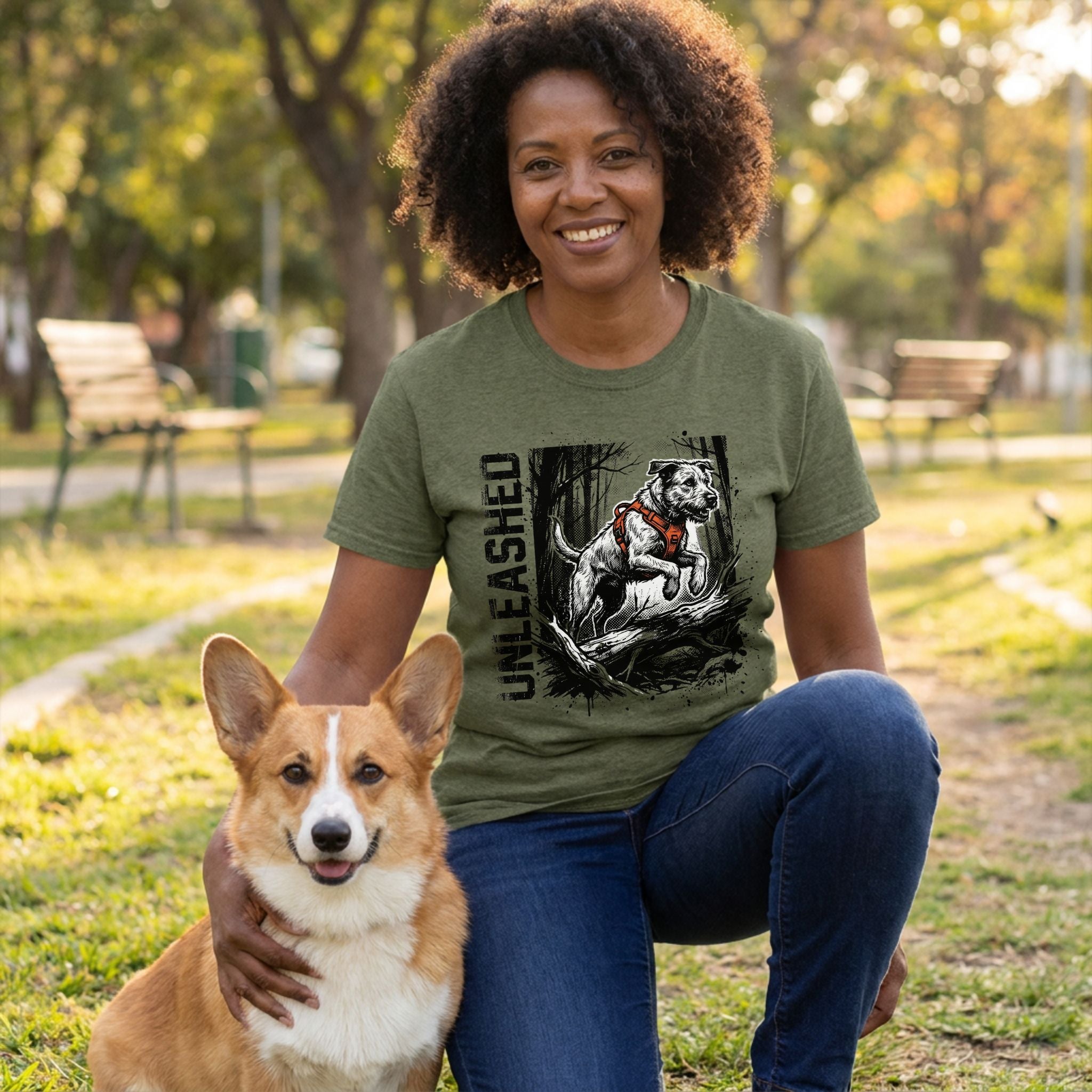 Woman in an olive green "Unleashed" t-shirt with a running dog graphic, kneeling beside a corgi in a park.