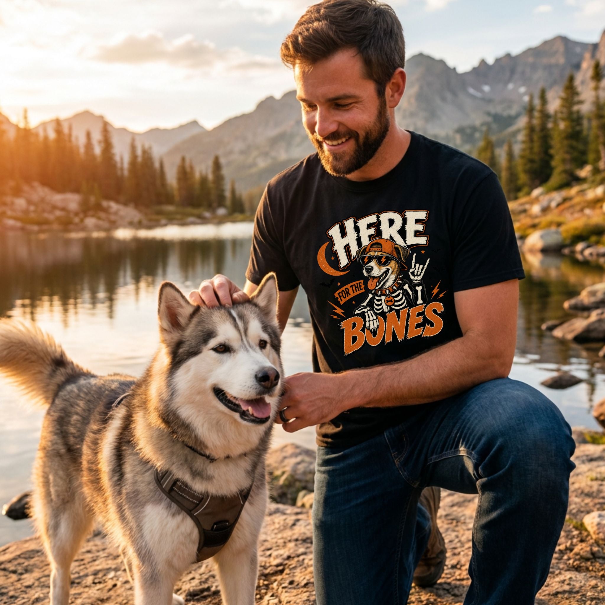 Man wearing a black crewneck t-shirt with a skeleton dog graphic, petting a husky by a lake at sunset.