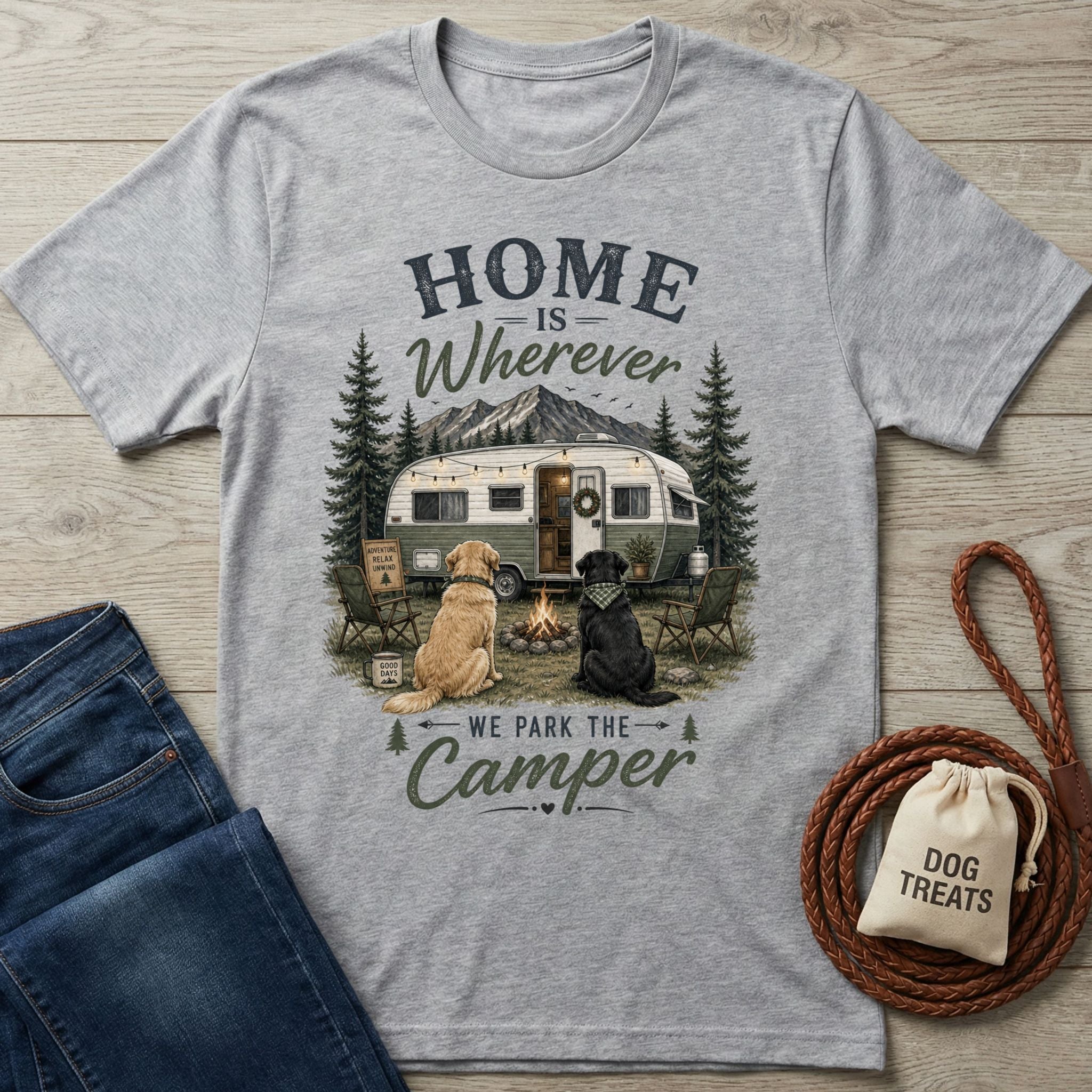 Grey crewneck t-shirt featuring a camping graphic with two dogs, a vintage camper, and the text Home Is Wherever We Park The Camper.