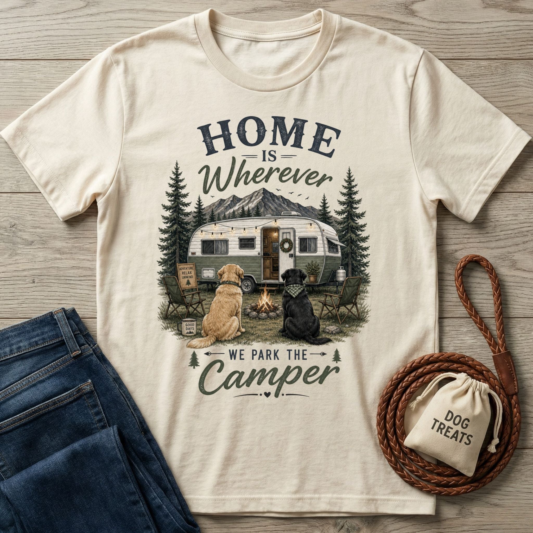 Cream-colored cotton t-shirt featuring a camping graphic with two dogs, a vintage camper, and the text Home Is Wherever We Park.
