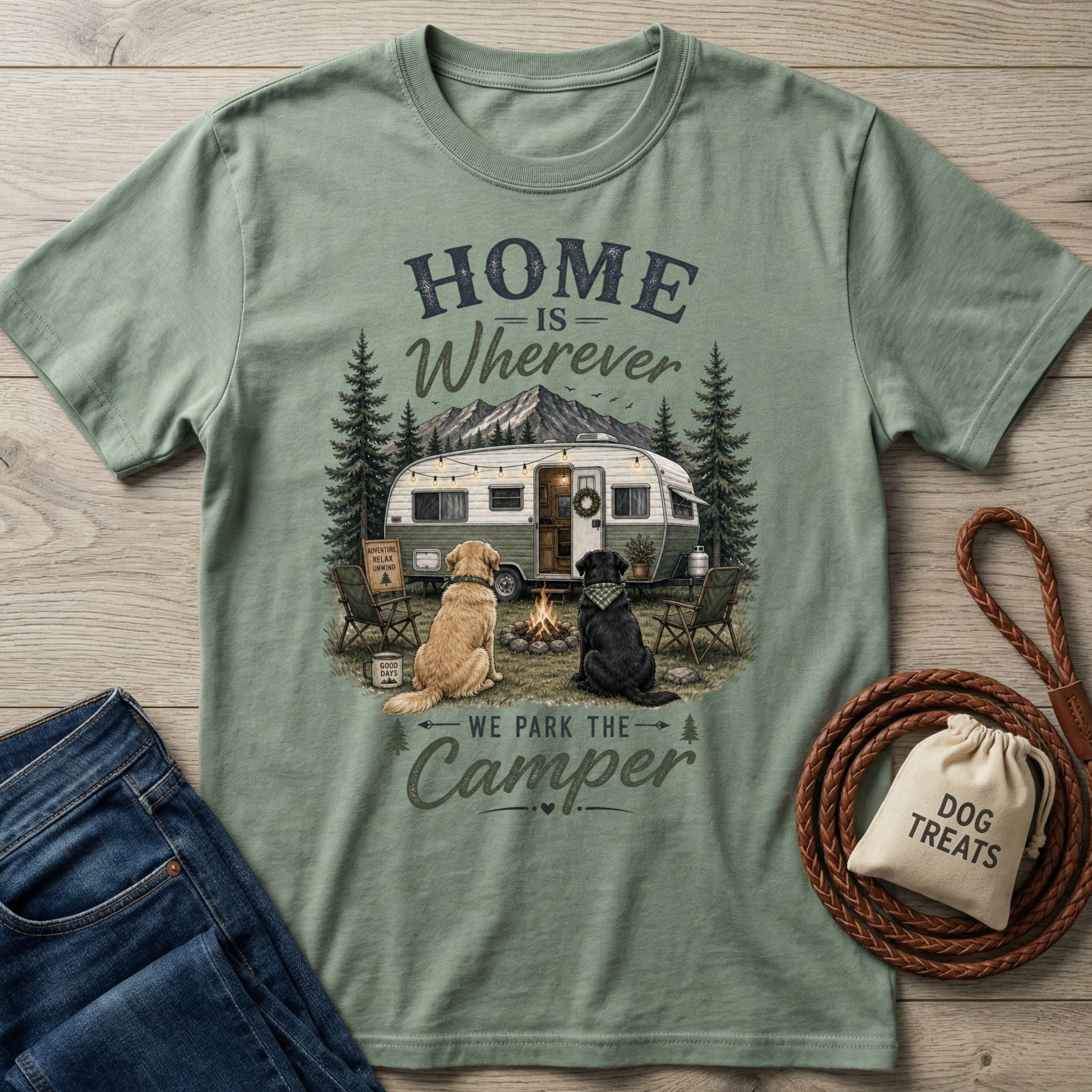 Sage green crewneck t-shirt featuring a vintage camper, campfire, and two dogs with the text Home Is Wherever We Park The Camper.