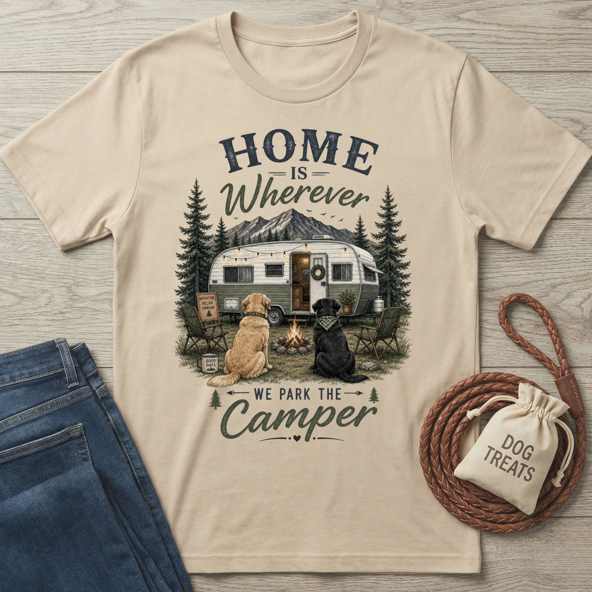 Beige crewneck t-shirt featuring a vintage camper, campfire, and two dogs with the text Home Is Wherever We Park The Camper.