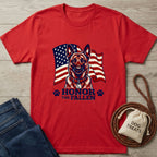 Red Gildan Softstyle® 64000 t-shirt with a German Shepherd, American flag, and "Honor The Fallen" design.
