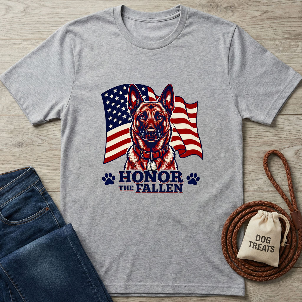 Light grey Gildan Softstyle t-shirt with a German Shepherd and American flag graphic, "Honor The Fallen" text.