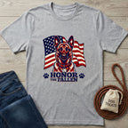 Light grey Gildan Softstyle t-shirt with a German Shepherd and American flag graphic, "Honor The Fallen" text.