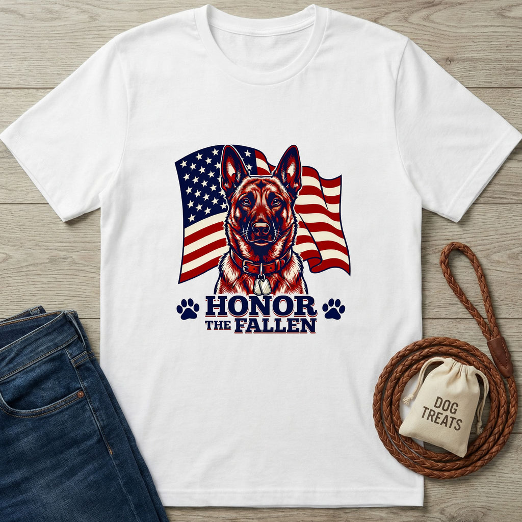 White Gildan Softstyle® t-shirt with a German Shepherd and American flag design, "Honor The Fallen" text.