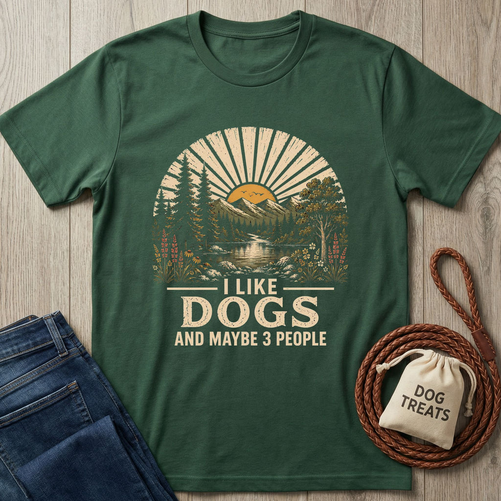 Forest green "I Like Dogs" t-shirt with a scenic mountain and lake graphic, beside jeans and dog treats.