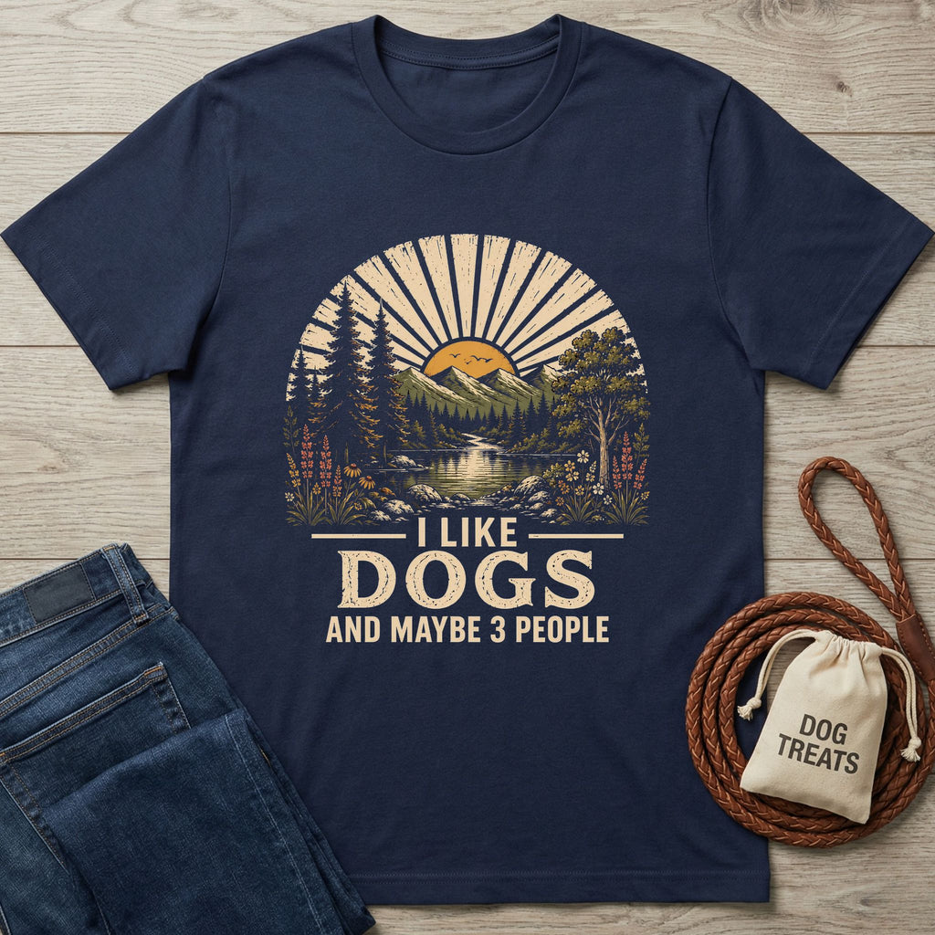 Navy blue Gildan Softstyle® 64000 t-shirt with "I Like Dogs And Maybe 3 People" graphic.