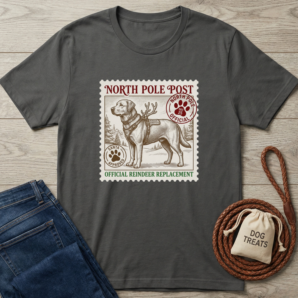 Charcoal t-shirt with a vintage "North Pole Post" stamp design featuring a Labrador retriever in a harness with antlers.