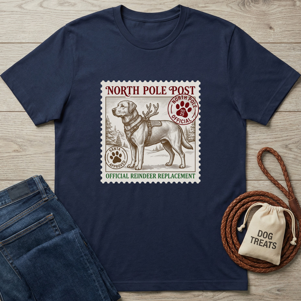 Navy blue t-shirt with a vintage "North Pole Post" stamp design featuring a Labrador retriever in a harness with antlers.