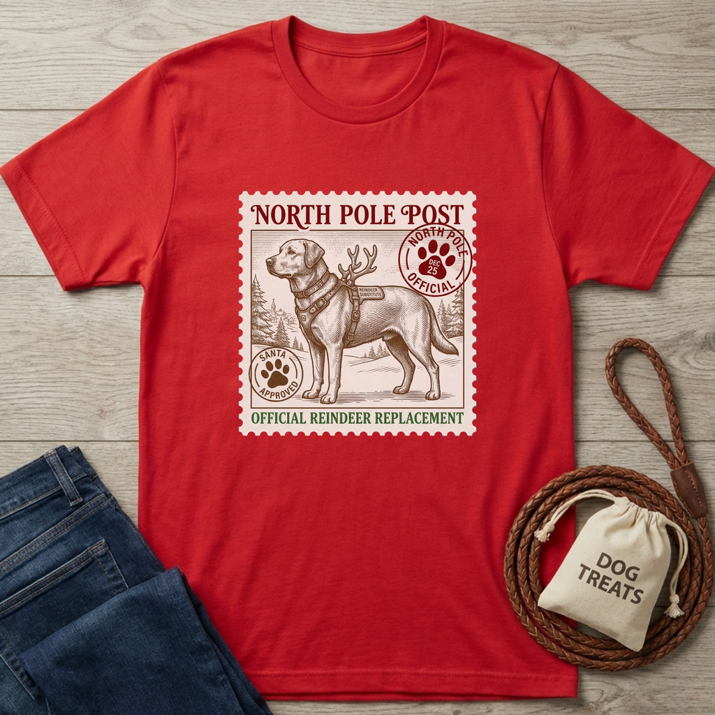 Red t-shirt with a vintage "North Pole Post" stamp design featuring a Labrador retriever in a harness with antlers.