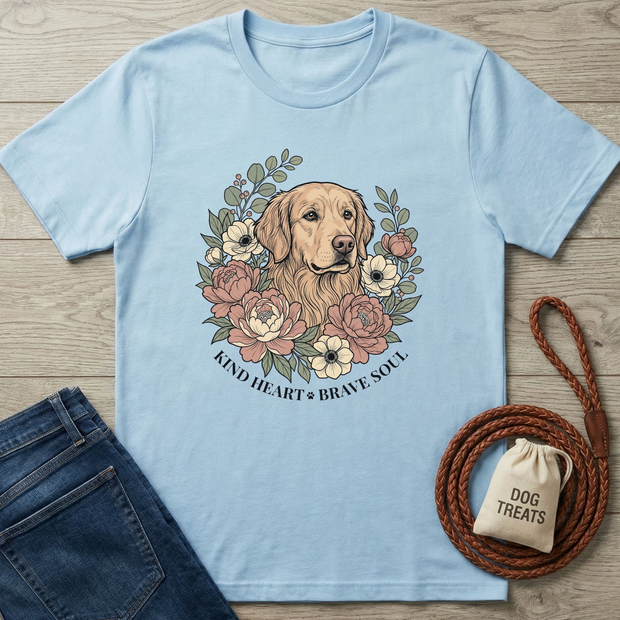 Light blue Kind Heart Brave Soul t-shirt with a golden retriever and floral design, next to jeans and dog treats.