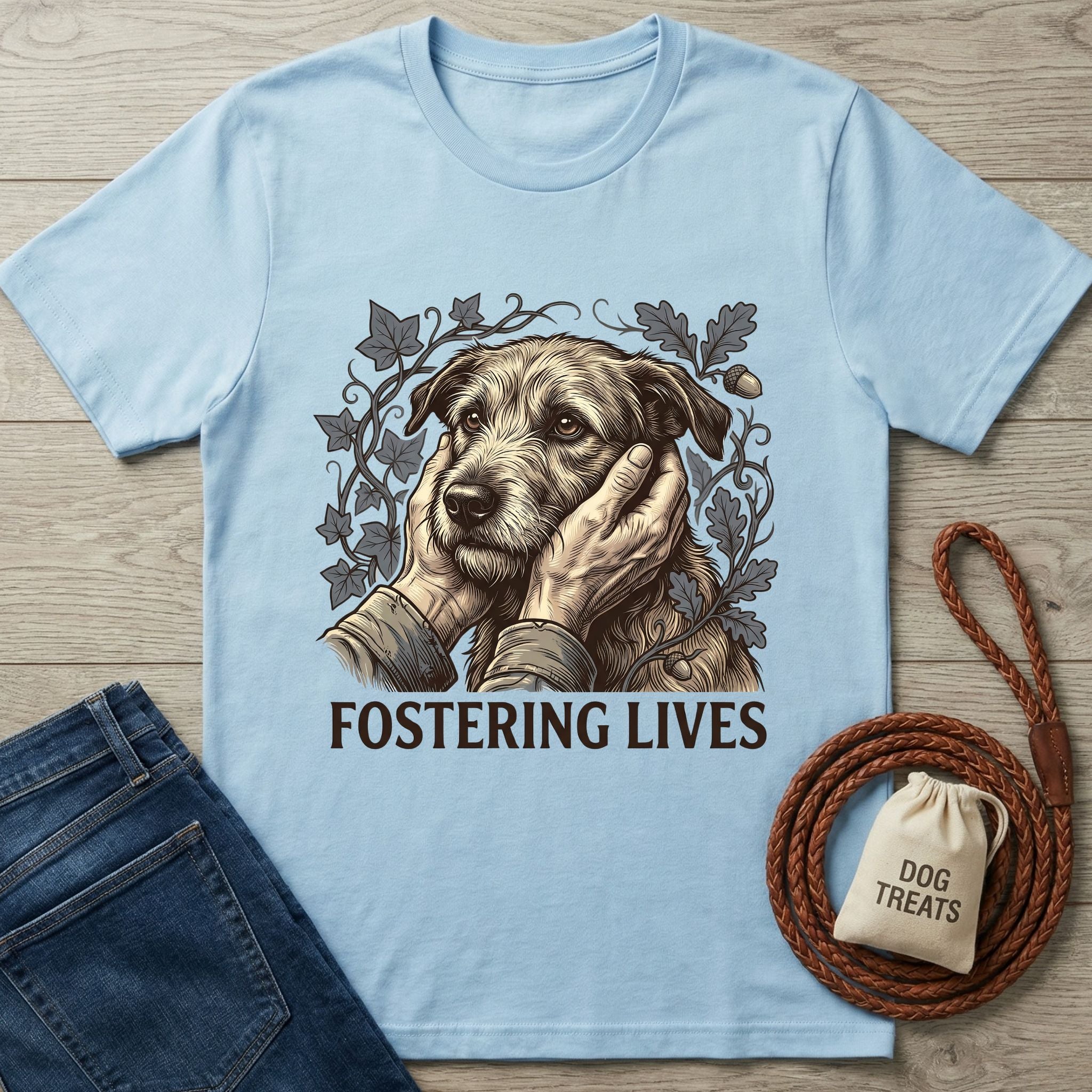 Light blue Gildan Softstyle® t-shirt with "Fostering Lives" text and an illustration of hands petting a rescue dog.