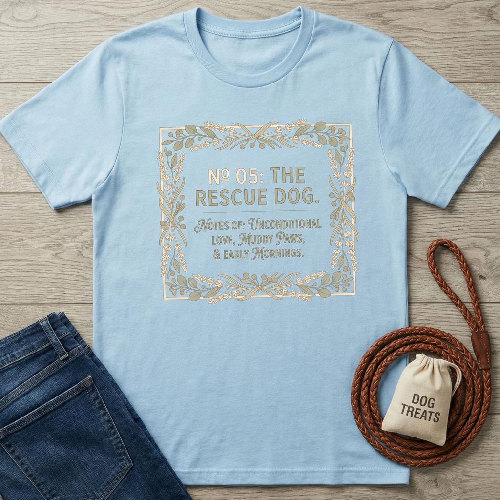 Light blue cotton "The Rescue Dog" t-shirt with a decorative frame design, next to jeans and dog treats.