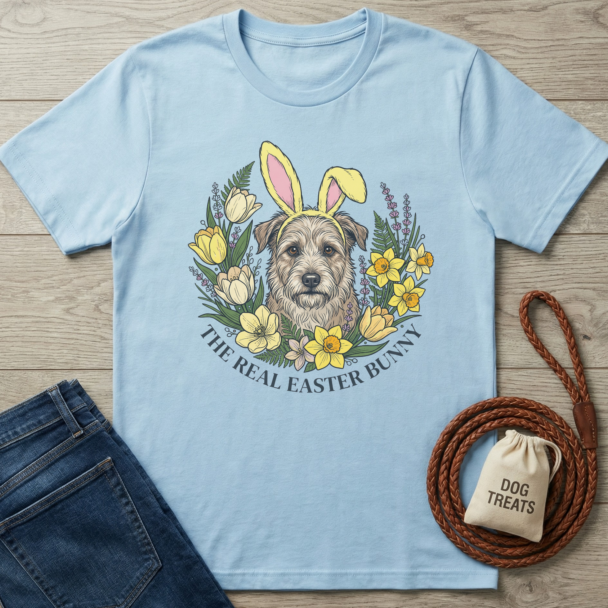 Light blue t-shirt with a terrier wearing bunny ears, surrounded by yellow flowers and "The Real Easter Bunny" text.