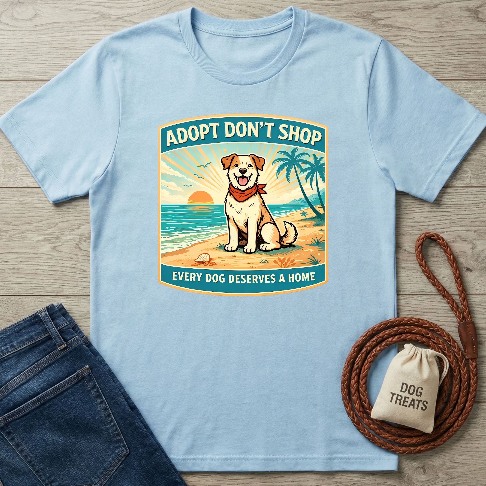 Light blue cotton t-shirt with "Adopt Don't Shop" beach scene featuring a happy dog, sunset, and palm trees.