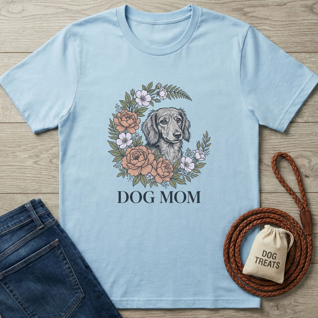 Light blue Gildan Softstyle® "Dog Mom" t-shirt with a floral-framed dachshund graphic, next to jeans and dog treats.