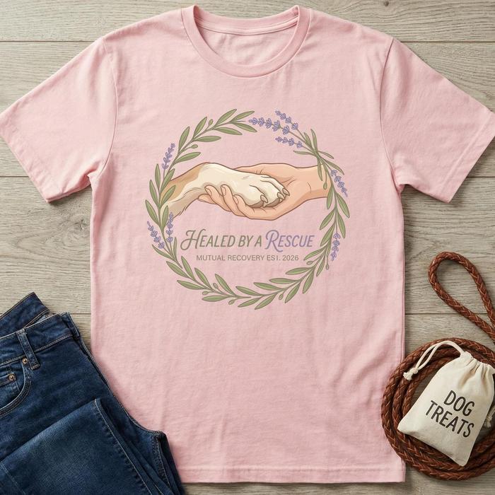 Pink cotton t-shirt with "Healed By A Rescue" graphic, featuring a human hand holding a dog paw in a lavender wreath.